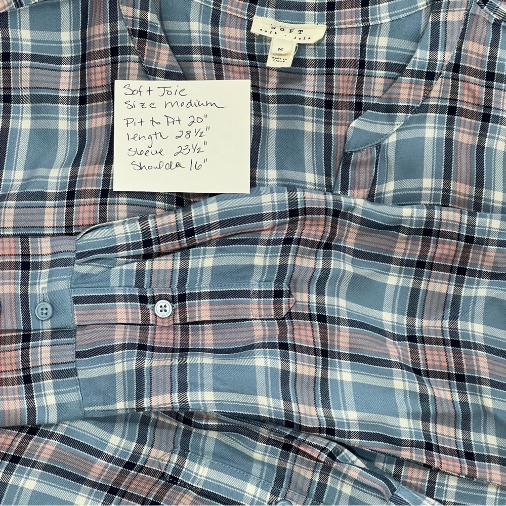 Women’s Dane Blue Plaid V-Neck Soft Joie Button Up Long Sleeve Blouse Size M - Picture 10 of 10